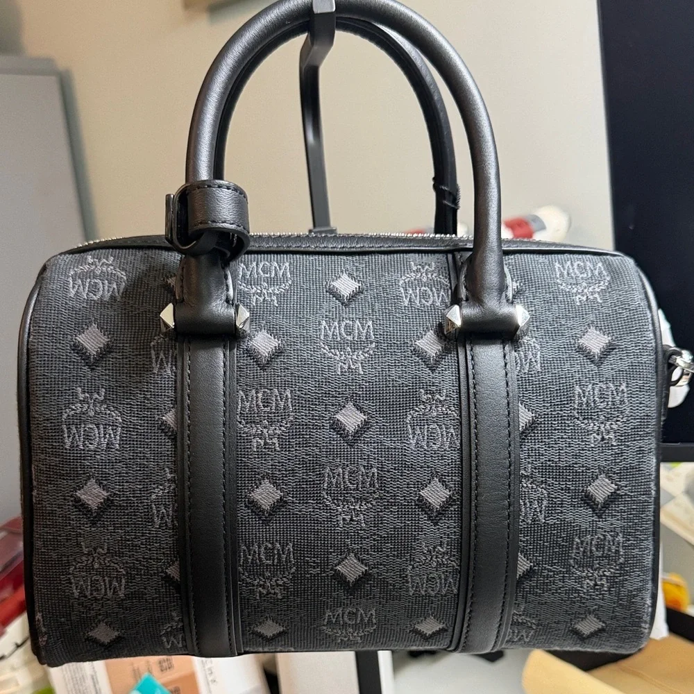 NWT MCM Black Denim Visetos Monogram Boston Bag